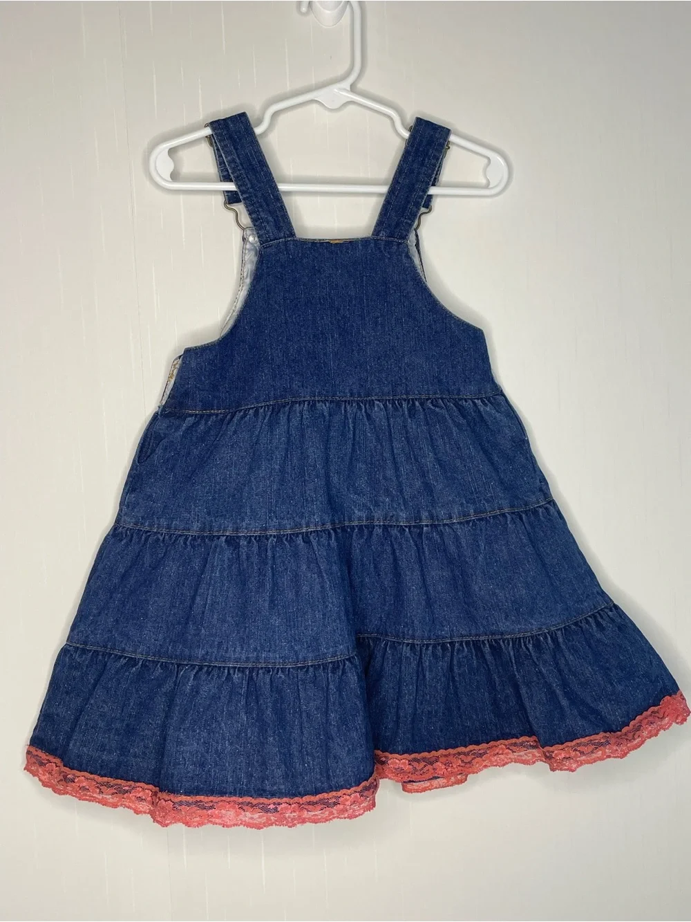 VTG Young Hearts Denim Jumper Overall Dress 2T Cute Embroidered Tiered Lace 2T